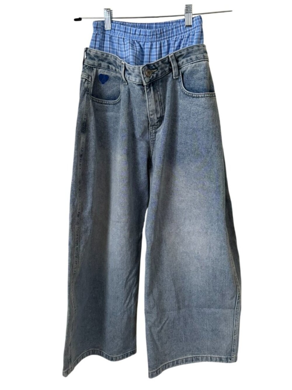 Elfric Eden Blue Wide Leg Baggy Jeans Plaid Layered Waist Unisex Tomboy XS